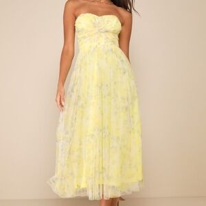 Lulus Perfect Whimsy Yellow Floral Mesh Strapless Midi Dress - Size XL